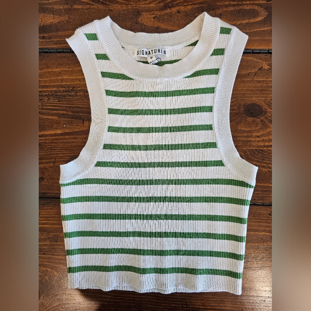 NWT Signature8 Green & White Striped Crop Top Women's Size Medium